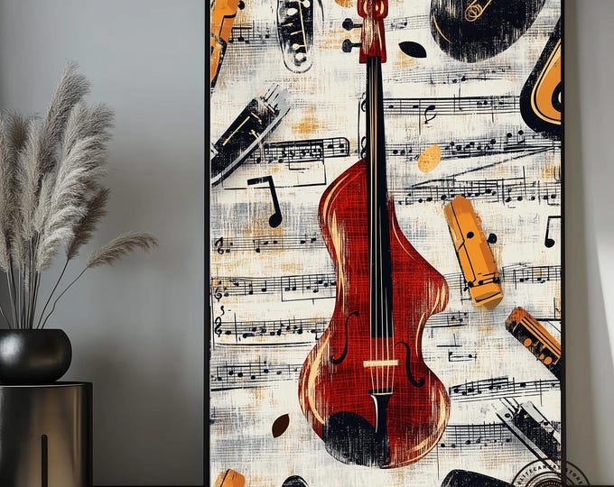 Music themed canvas wall art featuring musical notes and instruments, melodic design wall decor.