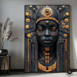 Ancient Egyptian Queen with Gold Jewelry and Ornamentation,Nefertiti Canvas Painting,Egyptian Queen Wall Art,Luxury Art Royal Home Decor