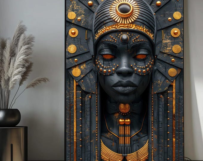 Ancient Egyptian Queen with Gold Jewelry and Ornamentation,Nefertiti Canvas Painting,Egyptian Queen Wall Art,Luxury Art Royal Home Decor