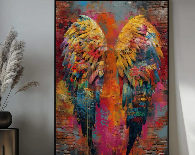 Graffiti Angel Wings Canvas Art, Colorful Street Art Painting, Urban Modern Wall Decor