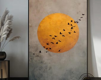 Orange Sun Wall Art, Birds Flying Canvas Print, Abstract Sunset Wall Decor, Minimalist Nature Art, Neutral Modern Wall Art, Large Wall Decor