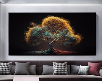 Extra Large Modern Tree  Colorful Abstract Wall Art .Abstract tree gold colors canvas wall art, golden tree canvas print.