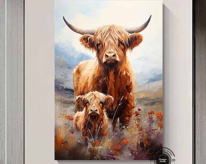 Custom Canvas, Highland Cow, Farmhouse Canvas Gift, Cow Wall Decor, Oversized Wall Art, Living Room Wall Art, Modern Canvas,