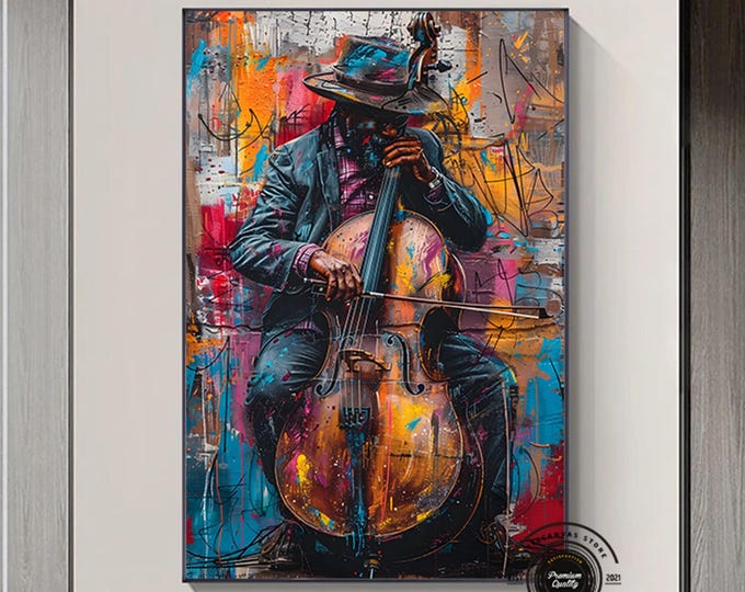 African Jazz Art, African Canvas, Jazz Wall Art,Black Man Musician Canvas, Colorful painting  with jazz band on the streets