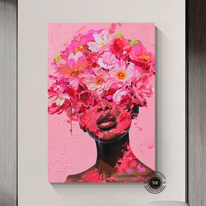 Flower head African woman wall decor, Colorful flower head black woman painting, picture of woman with flowers,  canvas painting