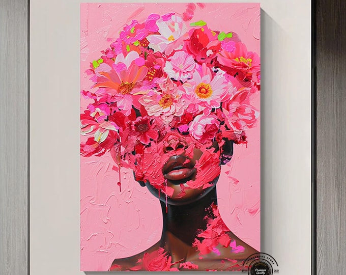 Flower head African woman wall decor, Colorful flower head black woman painting, picture of woman with flowers,  canvas painting