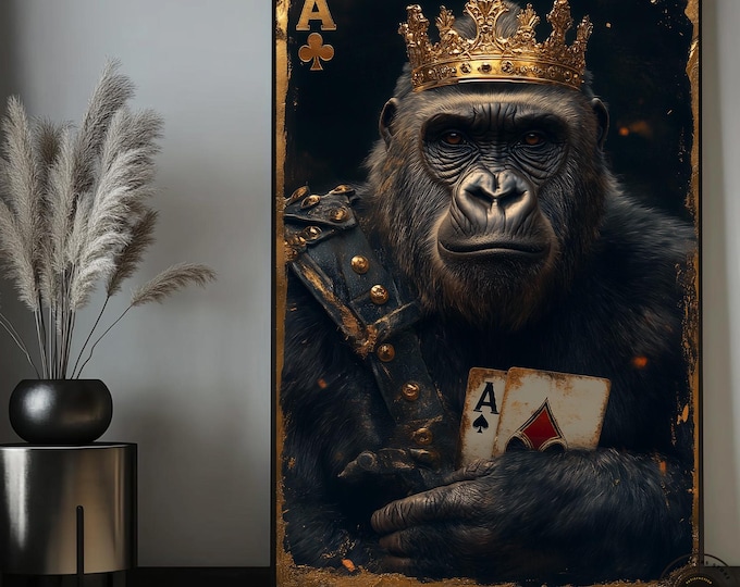King Gorilla Wearing Crown Above Playing Card Canvas Wall Art,King Gorilla Animal Canvas Print,Ready to Hang