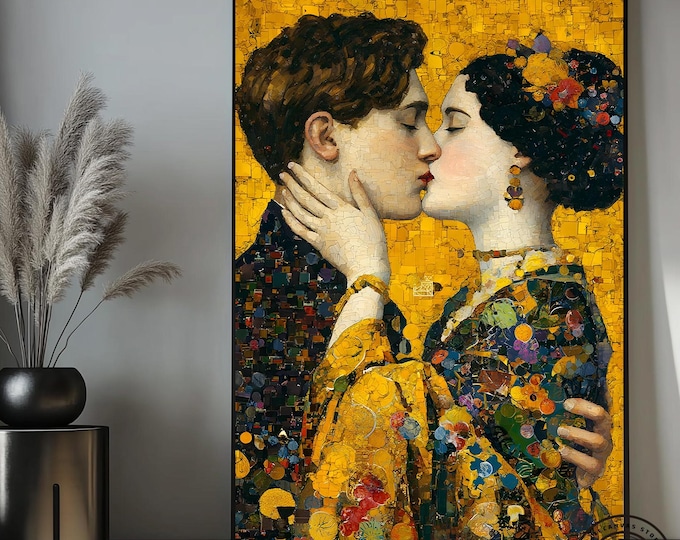 The Kiss Canvas Painting, Gustav Klimt Style, Golden Lovers Wall Art