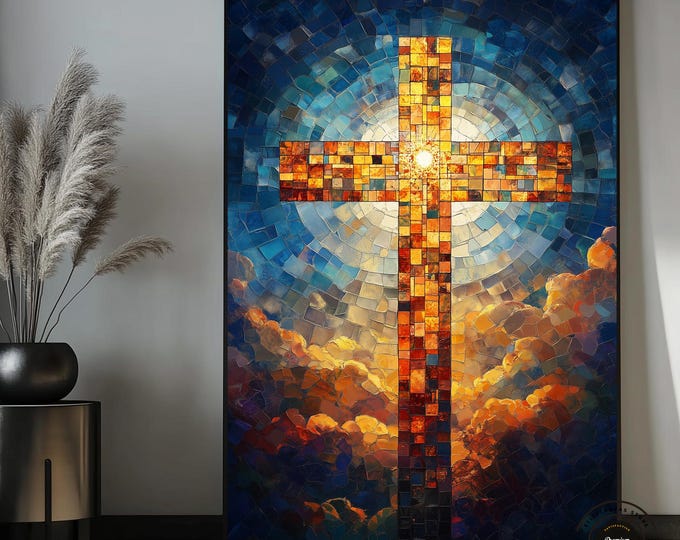 Radiant Stained Glass Cross with Vibrant Mosaic Design Christian Canvas Wall Art for Inspiring Home Decor