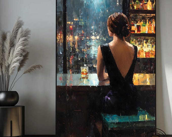 Elegant Woman art Bar with Cocktail, Modern Nightlife Painting, Glamorous Evening Scene, Sophisticated Wall Art for Living Room Décor