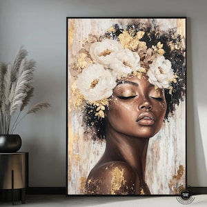 Schwarze Frau Kopf Blumen Wandkunst, afroamerikanische Kunst, schwarze Kunst, schwarzes Mädchen Druck, Frau Kunst Dekor, Schönheit schwarze Frau