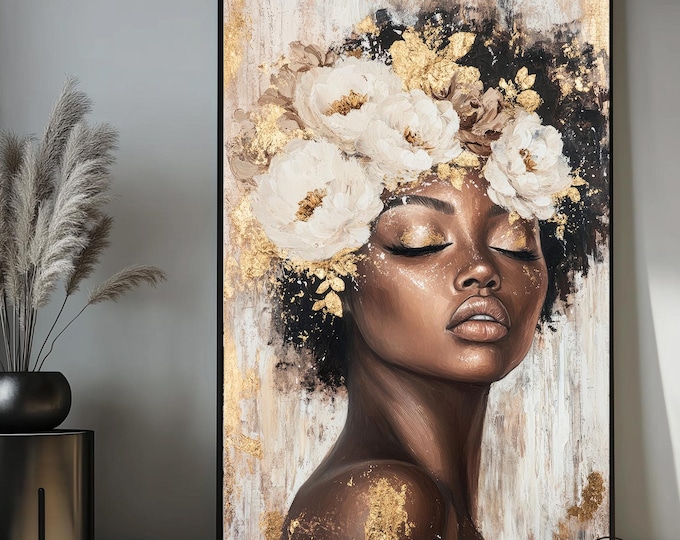 Black woman head flowers wall art, African American art, Black art, Black girl print, Woman Art Decor, beauty black woman