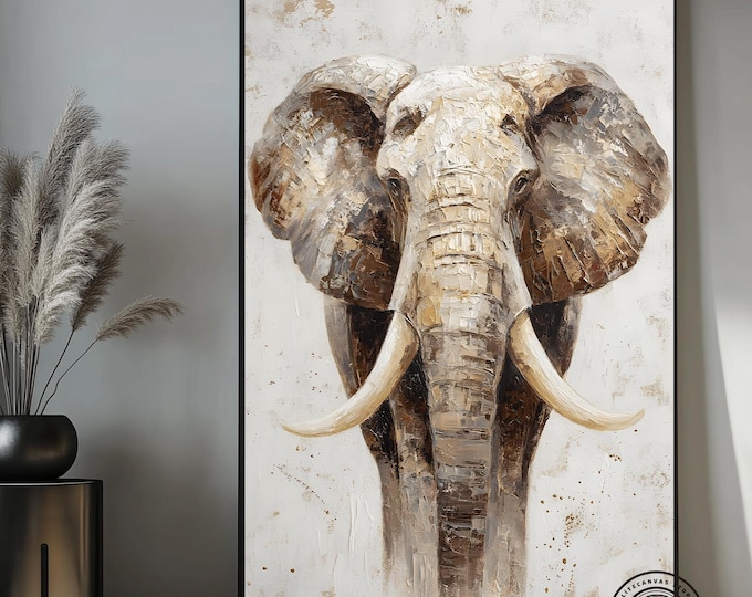 Modern Elephant Canvas Wall Art, Earthy Neutral Tones