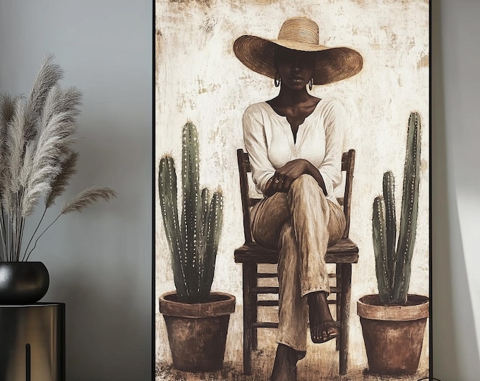 Minimal African Woman Portrait | Modern Cactus Art Print | Black Wall Decor | Boho Afro Art Canvas