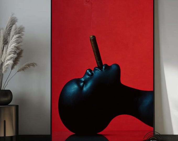 Bold Afro Woman Smoking Canvas Painting, Red Aesthetic Wall Decor, Minimalist Dark Portrait, Modern Luxury Artwork,