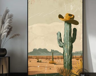 Western Cactus Canvas Wall Art, Cowboy Hat Desert Decor, Southwestern Wall Art, Rustic Western Decor, Cactus Art, Cowboy Wall Decor