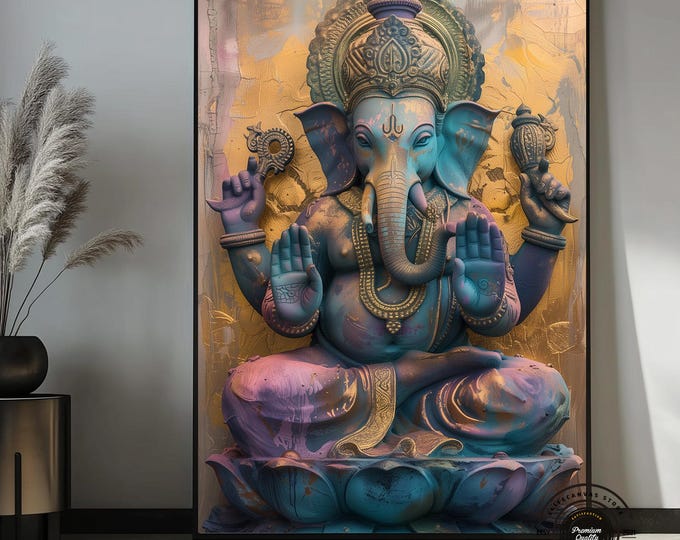Ganesha Canvas Print, Luxury Hindu Wall Art, Spiritual Elephant God Painting, Boho Meditation Decor, Gold Blue Pink Canvas Artwork
