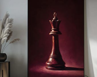 Chess King Canvas Wall Art, Burgundy Chess Piece Painting, Luxury Game Room Decor, Dark Red Wall Art, Chess Lover Gift, Modern Canvas Art