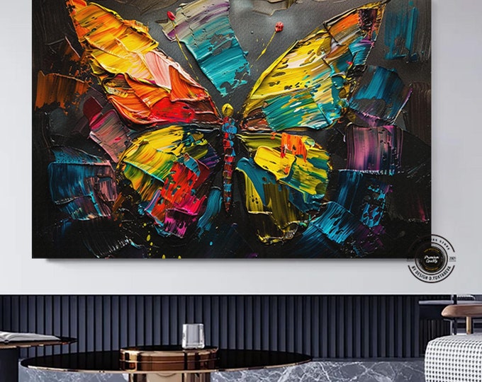 Colorful oil painting style butterfly canvas wall art, Colorful butterfly canvas print., Wall Hanging Canvas