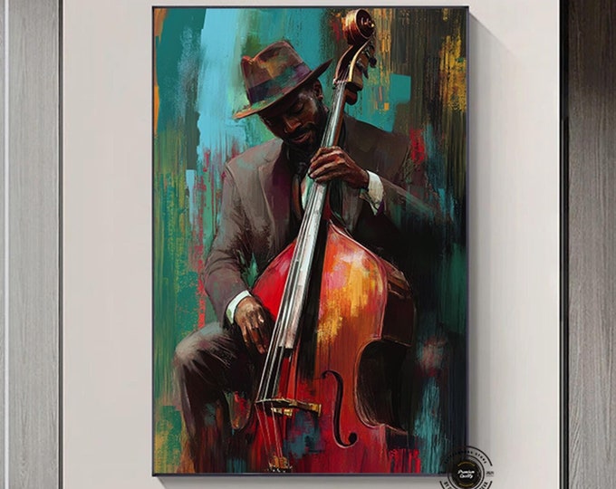 African Jazz Art, African Canvas, Jazz Wall Art,Black Man Musician Canvas, Colorful painting  with jazz band on the streets