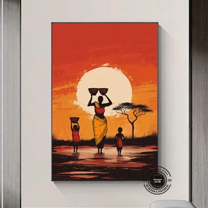 African Family Canvas Art: Sunset Landscape, Ethnic Wall Decor