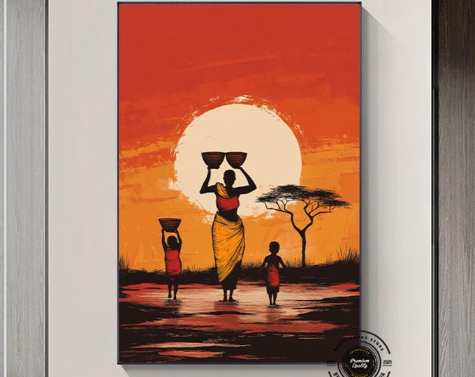 African family carrying water at sunset in a vibrant colorful landscape African Canvas Art, Color Canvas, Ethnic Wall Art, African Style