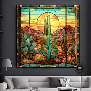 Stained Glass Saguaro Cactus Canvas Print: Sonoran Desert Wall Art