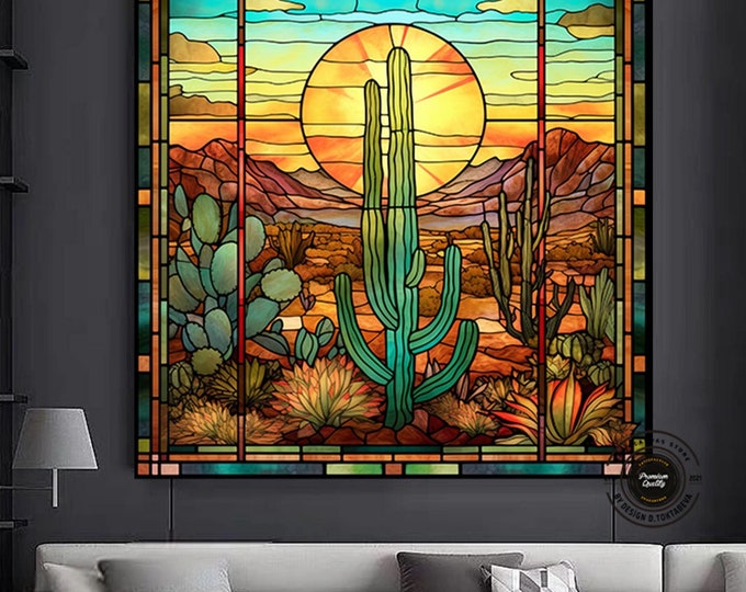 Saguaro Cactus Wall Art, Stained Glass Style Sonoran Arizona Desert Painting Canvas Print, Southwestern Artwork Ready To Hang