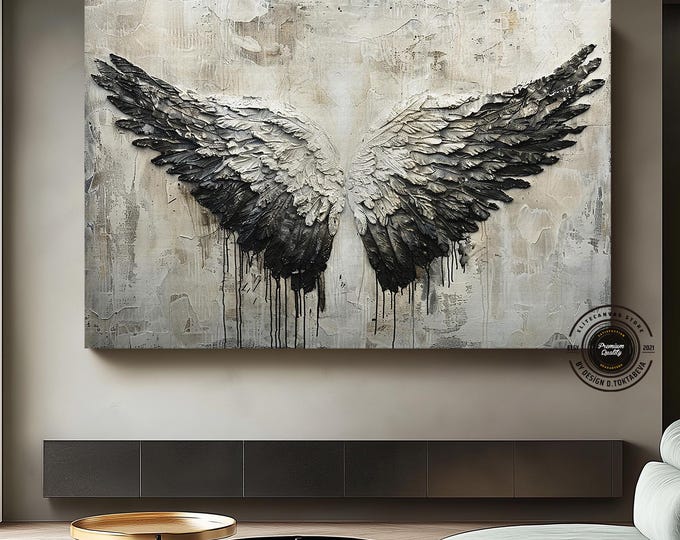 Graffiti Angel Wings Canvas Art – Textured Street Art Print, Grunge Wall Decor