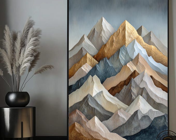 Minimalist layered mountain contemporary fine art. Geometric and natural design canvas wall art in soft beige and grayscale.