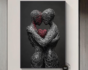 Hugging Couple Canvas Art: 3D Look, Red Heart, Modern Wall Decor