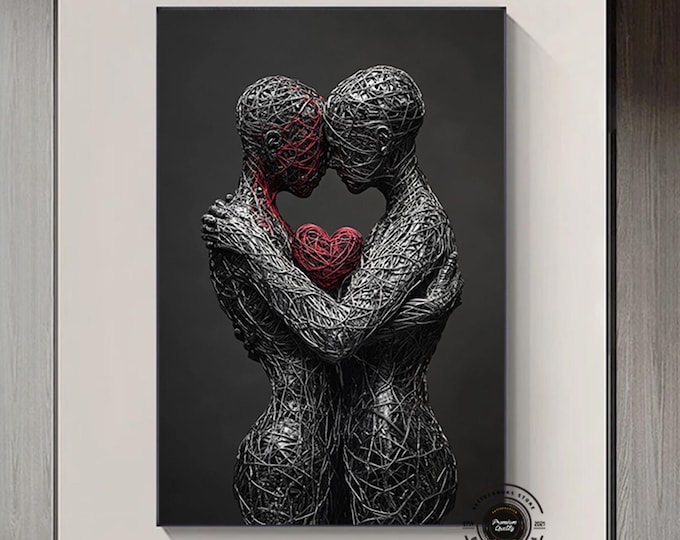 Hugging Couple Canvas Painting, 3D Look Couple Wall Art, Red Heart Painting, Lovers Poster, Couples in Love Canvas Painting, Modern Wall Art