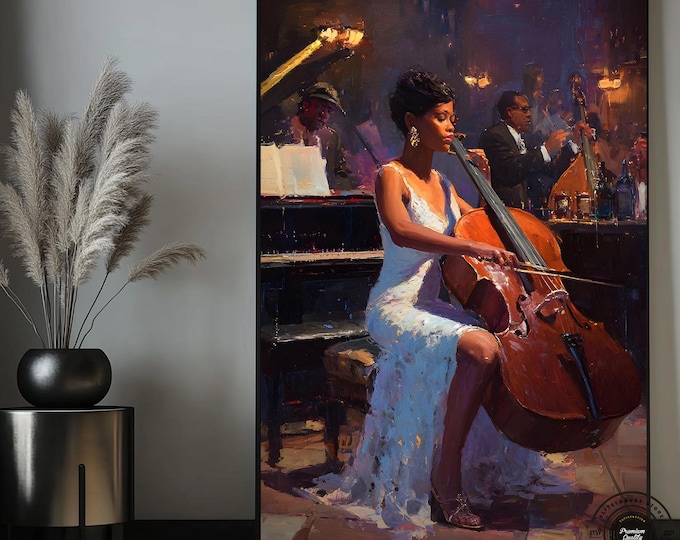 African  Woman Jazz Cello Player Painting, Elegant Woman in White Dress, Musical Wall Art