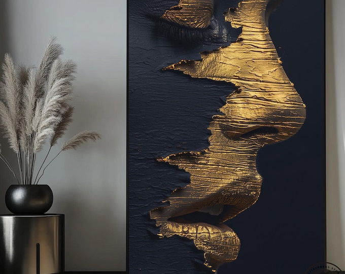 Abstract Woman Canvas Art ,Golden Woman Canvas Art, Modern Wall Hanging,Fashion Girl art ,Black gold print, Extra Large wall art, Wall Art