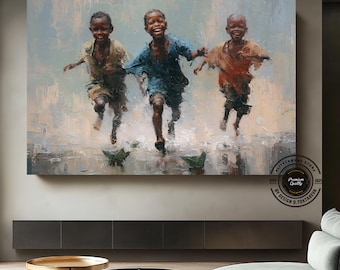 Canvas muurdecoratie met Afrikaanse kinderen, schilderij van vrolijke kinderen, Afrikaanse woondecoratie