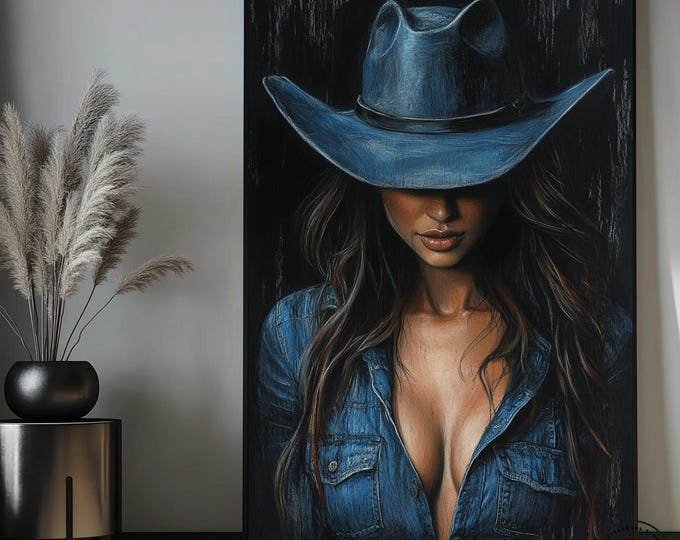 Abstract Cowgirl Wall Art - Modern Western Canvas With Woman In Cowboy Hat, Rustic Farmhouse Style For Unique Decor