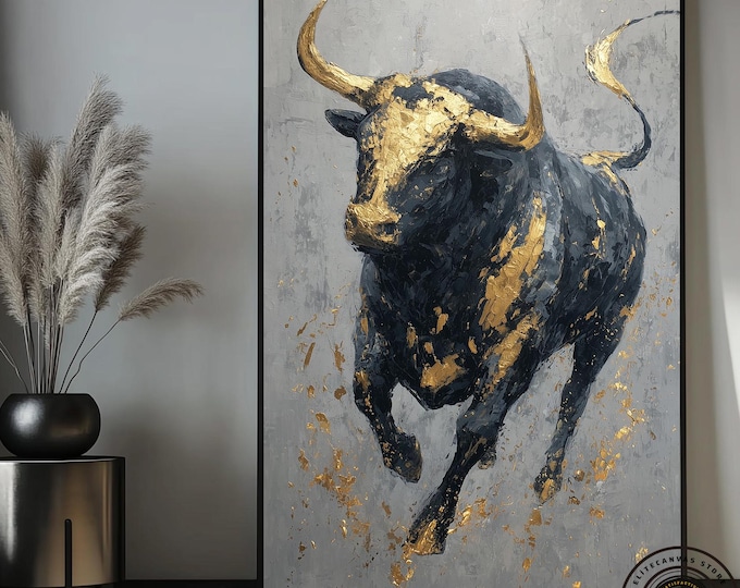 Golden Bull Canvas Print, Abstract Animal Wall Art, Ready to Hang