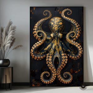 Framed Octopus Abstract Art: Gold & Black Sea Life Wall Art