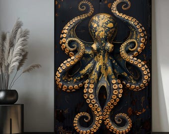 Framed Octopus Abstract Art: Gold & Black Sea Life Wall Art
