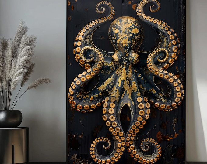 Octopus Abstract Art Framed Poster, Octopus, Octopus Wall Art, Octopus Painting, Sea Creature Art, Sea Life, Luxury Wall Art, Gold, Black