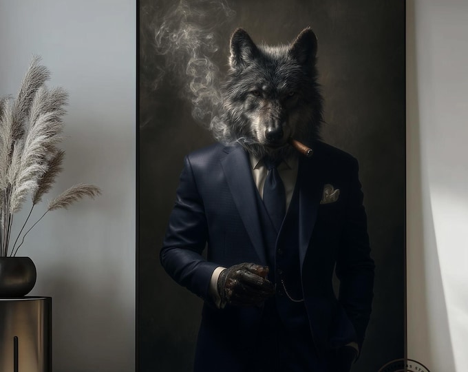 Gentleman Wolf Wall Art, Wolf in Suit Canvas, Cigar Smoking Wolf Art, Dark Luxury Wall Decor, Mafia Animal Portrait, Man Cave Wall Art