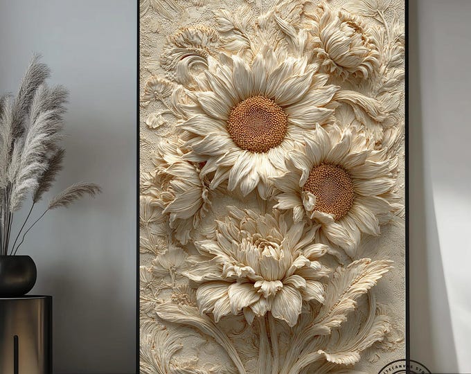 Beige Plaster Sunflower Canvas Art, Minimalist Boho Floral Painting, Large Neutral Wall Decor