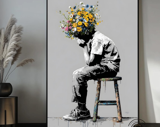 Banksy Style Man Flower Head Canvas Print, Urban Street Art Decor
