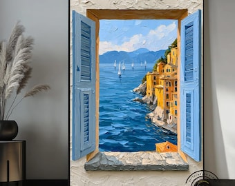 Mediterranean Window Wall Art, Italian Coastal Canvas Print, Blue Sea Landscape, Amalfi Coast Decor, Seaside Wall Art, Summer Home Decor
