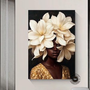 Schwarze Frau Kopf Blumen Wandkunst, afroamerikanische Kunst, schwarze Kunst, schwarzes Mädchen Druck, Frau Kunst Dekor, Schönheit schwarze Frau