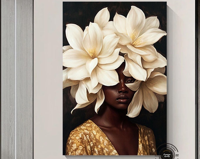 Black woman head flowers wall art, African American art, Black art, Black girl print, Woman Art Decor, beauty black woman