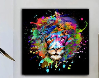 Colorful Lion Canvas Print: Abstract Animal Wall Art