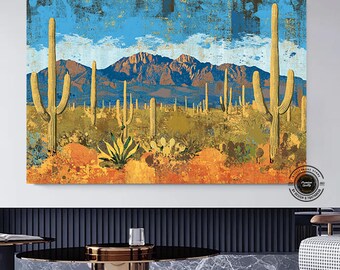 Boho Arizona Desert Canvas Print: Vintage Oil Painting Style