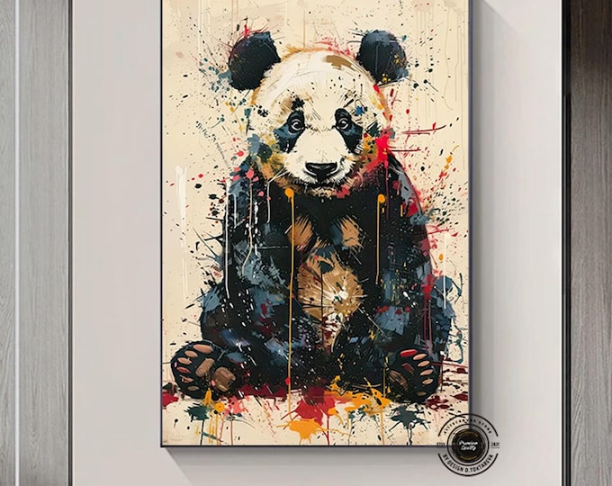 Graffiti Panda Wall Art Urban Street Art Canvas, Colorful Animal Painting Modern Panda Decor Large Framed Art Print, Contemporary Home Decor