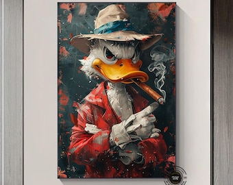 Smoking Duck Antique Portrait Painting Canvas Print, Eclectic Vintage Home Decoration Funny Gift Poster Unusual Duck Wall Art,Colorful art.